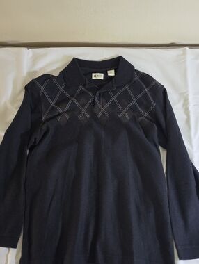 Men's Long Sleeve Polo with Diamond Pattern - Navy